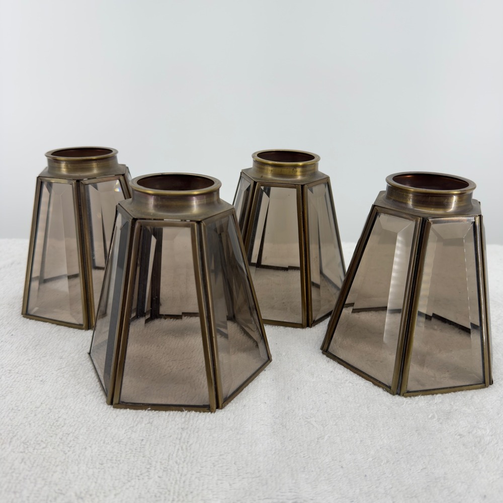 Vintage Beveled Smoked Glass Lamp Shades Brass Hexagon Set of 4 Replacements